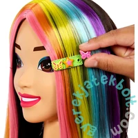 Barbie Deluxe Styling Head - Fésülhető babafej Neon Rainbow tincsekkel - Fekete egyenes hajú (HMD81)