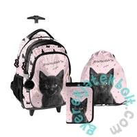 Cicás gurulós iskolatáska szett felszerelt kihajtható tolltartóval - Black Cat (PP26BC-997-1-szett)