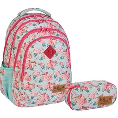 HS-48 Rózsás iskolatáska, hátizsák tolltartóval - 4 rekeszes - Hash
