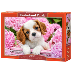 Castorland 500 db-os puzzle - Kutyakölyök rózsaszín virágok közt (B-52233)