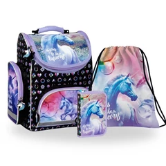 Unikornisos ergonomikus iskolatáska szett felszerelt kihajtható tolltartóval - Born to be a unicorn (TEMBJR15-2-szett)