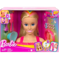 Barbie Deluxe Styling Head - Fésülhető babafej Neon Rainbow tincsekkel - Szőke egyenes hajú (HMD78)