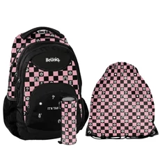BeUniq kockás iskolatáska szett henger alakú tolltartóval -Pink (BU26SU-2708-1-szett)