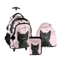 Cicás gurulós iskolatáska szett felszerelt kihajtható tolltartóval - Black Cat (PP26BC-997-1-szett)