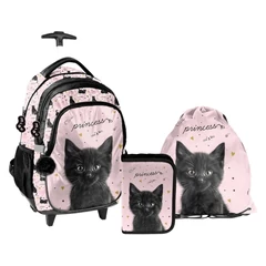 Cicás gurulós iskolatáska szett kihajtható tolltartóval - Black Cat (PP26BC-997-2-szett)