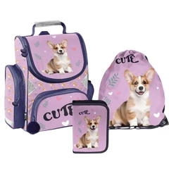 Kutyás ergonomikus iskolatáska szett kihajtható tolltartóva - Cute Corgi (PP26CG-525-1-szett)