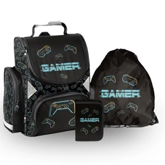 Videójátékos ergonomikus iskolatáska szett kihajtható tolltartóval - Gamer (PP26GM-525-1-szett)
