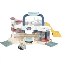 Smoby Little Vroom Planet emeletes garázs kisautóval, pasztell