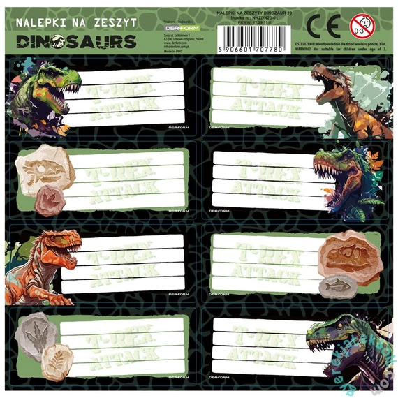 Dinoszauruszos 8 db-os füzetcímke - T-Rex Attack (NNZDN20)
