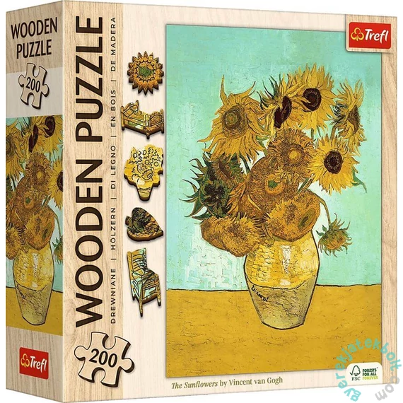 Trefl 200 db-os Wooden Contour Fa Puzzle - Van Gogh - Napraforgók (20249)