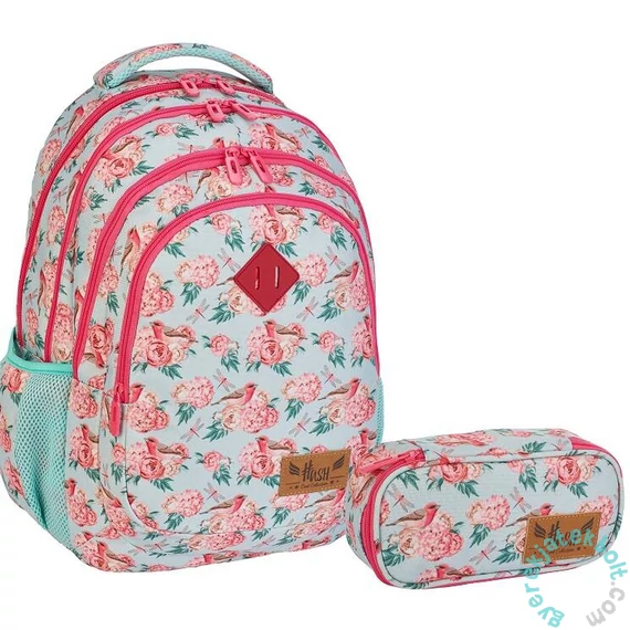 HS-48 Rózsás iskolatáska, hátizsák tolltartóval - 4 rekeszes - Hash