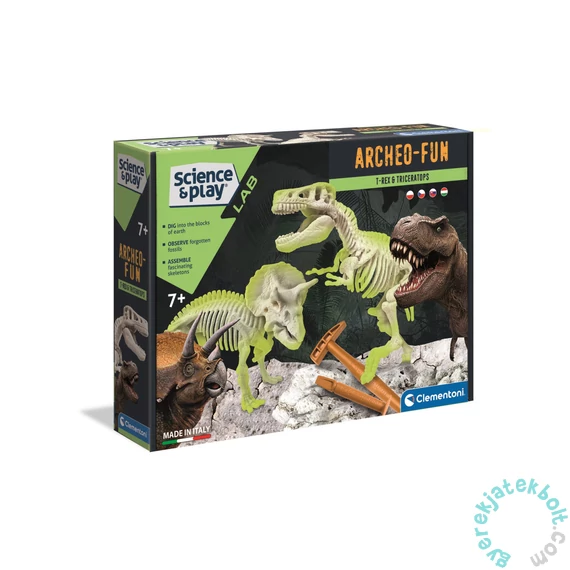 Clementoni - Tudomány és játék - Archeo Fun - Világító T-Rex és Triceratops régészeti játékszett