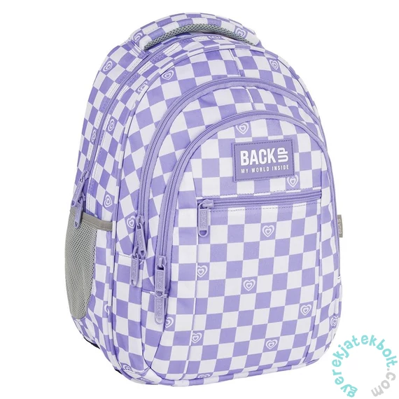 BackUp iskolatáska, hátizsák - 3 rekeszes - Lila, fehér kockás (PLB7O26)