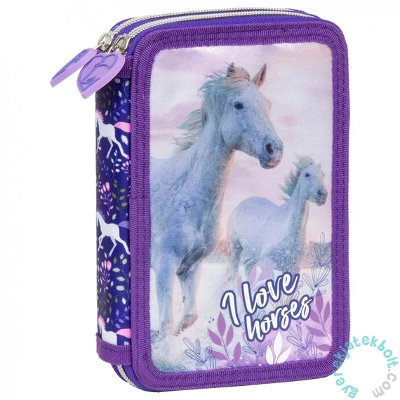 Lovas felszerelt emeletes tolltartó - I love horses - lila (PWDKO25)