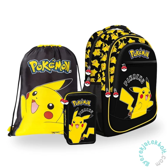 St. Right Pokemon iskolatáska szett felszerelt  3 emeletes tolltartóval - Black (723701-4-szett)