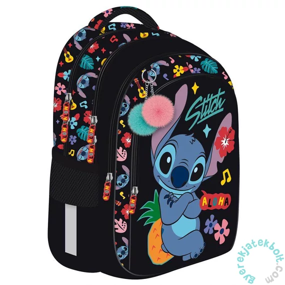 Stitch ergonomikus iskolatáska, hátizsák - 3 rekeszes - Black Aloha (679865)