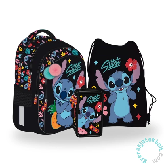 Stitch iskolatáska szett felszerelt emeletes tolltartóval - Black Aloha (679056)