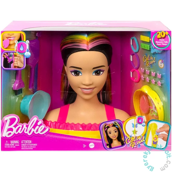 Barbie Deluxe Styling Head - Fésülhető babafej Neon Rainbow tincsekkel - Fekete egyenes hajú (HMD81)