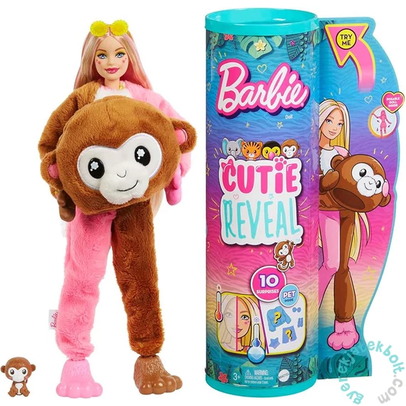 Barbie Cutie Reveal baba plüss jelmezben meglepetésekkel 4. sorozat - Majmocska (HKR01)