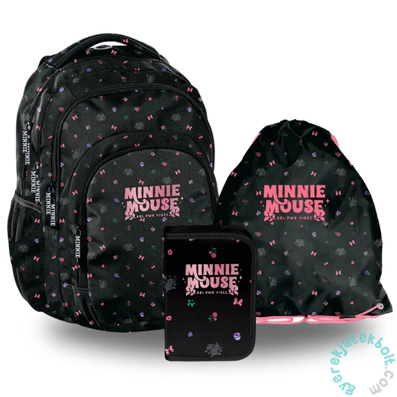 Minnie Mouse iskolatáska szett kihajtható tolltartóval - Fekete, masnis (DM25XX-276-1-szett)