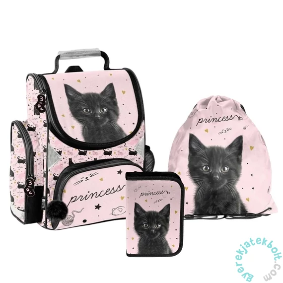 Cicás ergonomikus iskolatáska szett felszerelt kihajtható tolltartóval- Black Cat (PP26BC-525-1-szett)