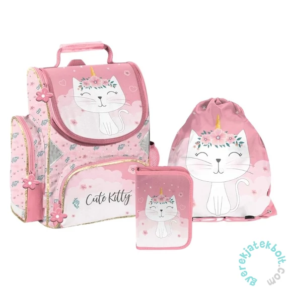 Cicás ergonomikus iskolatáska szett felszerelt kihajtható tolltartóval - Cute Kitty (PP26CK-525-1-szett)