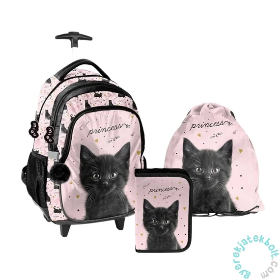 Cicás gurulós iskolatáska szett felszerelt kihajtható tolltartóval - Black Cat (PP26BC-997-1-szett)