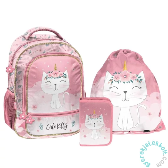 Cicás iskolatáska szett felszerelt kihajtható tolltartóval - Cute Kitty (PP26CK-260-1-szett)