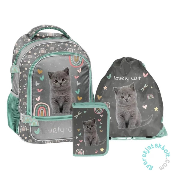 Cicás iskolatáska szett felszerelt kihajtható tolltartóval - Lovley Cat (PP26CS-260-1-szett)