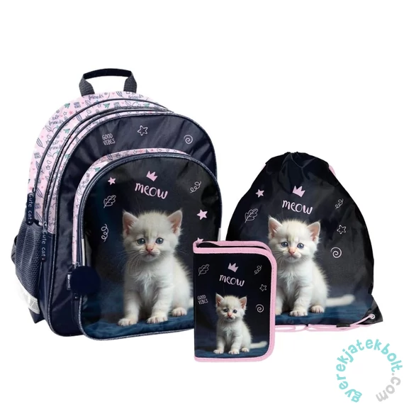 Cicás iskolatáska szett kihajtható tolltartóval - White Kitty (PP26CD-090-2-szett)