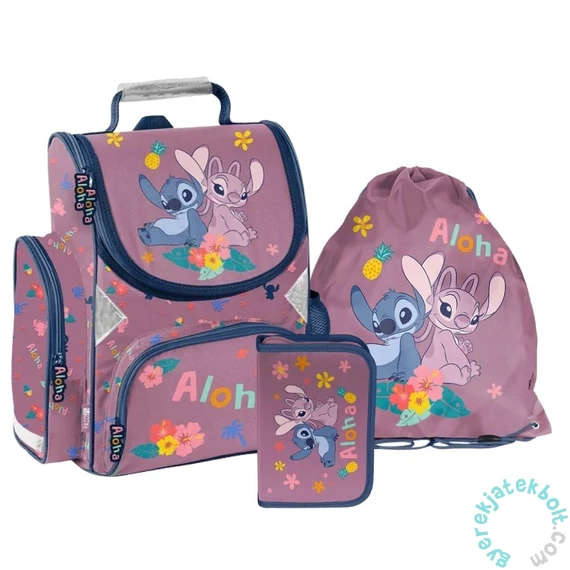 Disney - Stitch ergonomikus iskolatáska szett felszerelt kihajtható tolltartóval - Angel Aloha (DS26VV-525-1-szett)