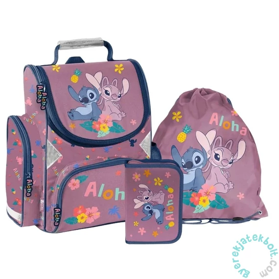 Disney - Stitch ergonomikus iskolatáska szett kihajtható tolltartóval - Angel Aloha (DS26VV-525-2-szett)