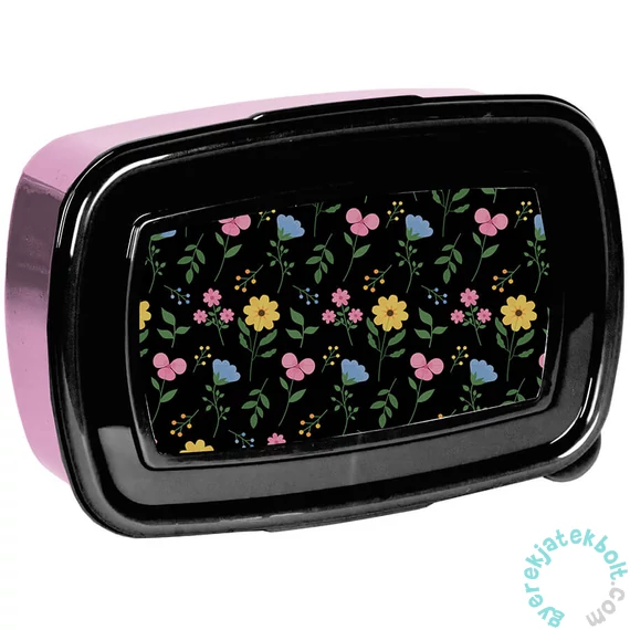 Műanyag uzsonnás doboz - fekete, pink virágos (PP25RR-3022)