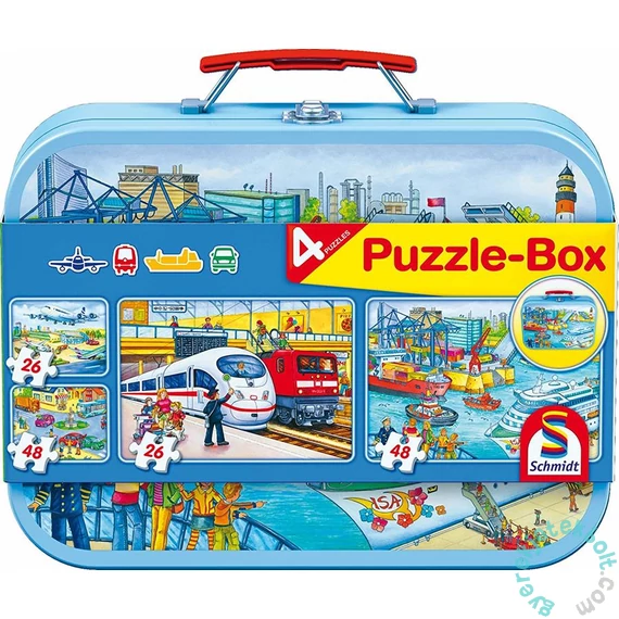 Schmidt 2x26+2x48 db-os puzzle fém bőröndben - Verkehrsmittel Puzzle-Box (56508)