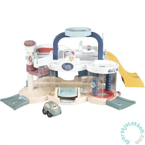 Smoby Little Vroom Planet emeletes garázs kisautóval, pasztell