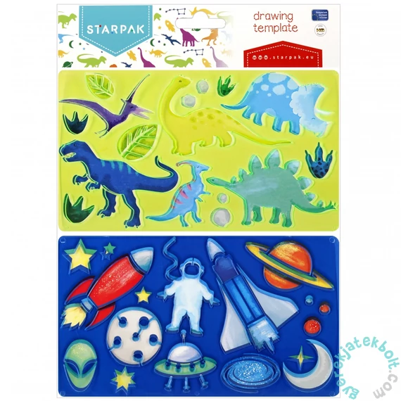 Műanyag sablon szett 13 x 23 cm - dinoszauruszok és világűr