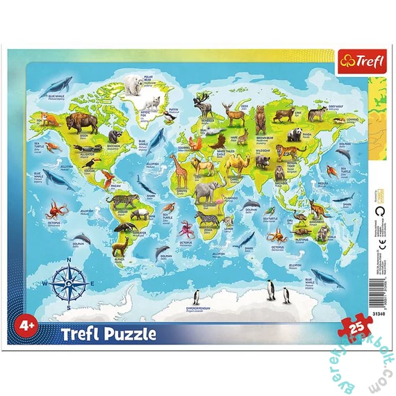 Trefl 25db-os keretes puzzle - Világtérkép állatokkal (31340)